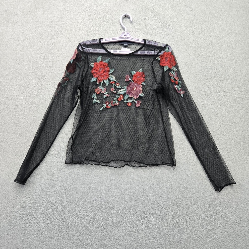 American Eagle Women Blouse L Black Floral Embroidered Mesh Sheer Y2K Witchy